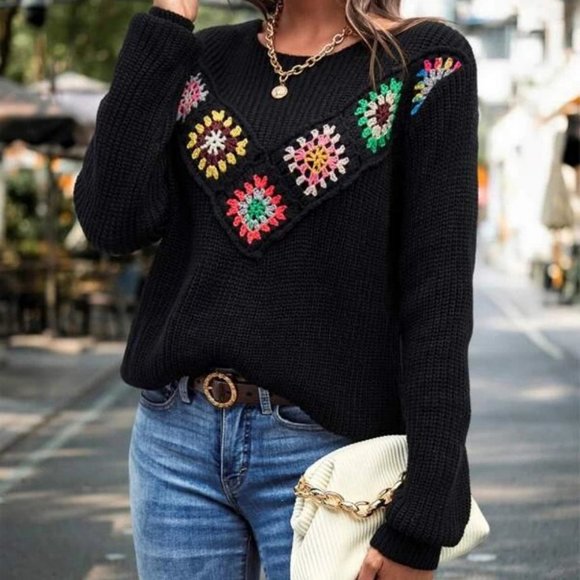 Sweaters - Crochet Floral Detailed round neckline black Ribbed Knit Sweater Top fall winte